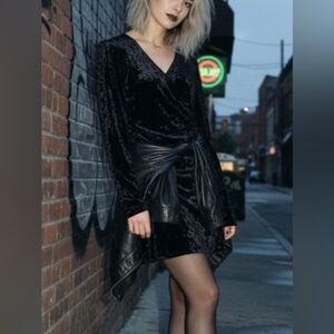 Forever 21🌌Midnight Blue/Black MINI Sheered CRUSHED Velvet Dress Size M